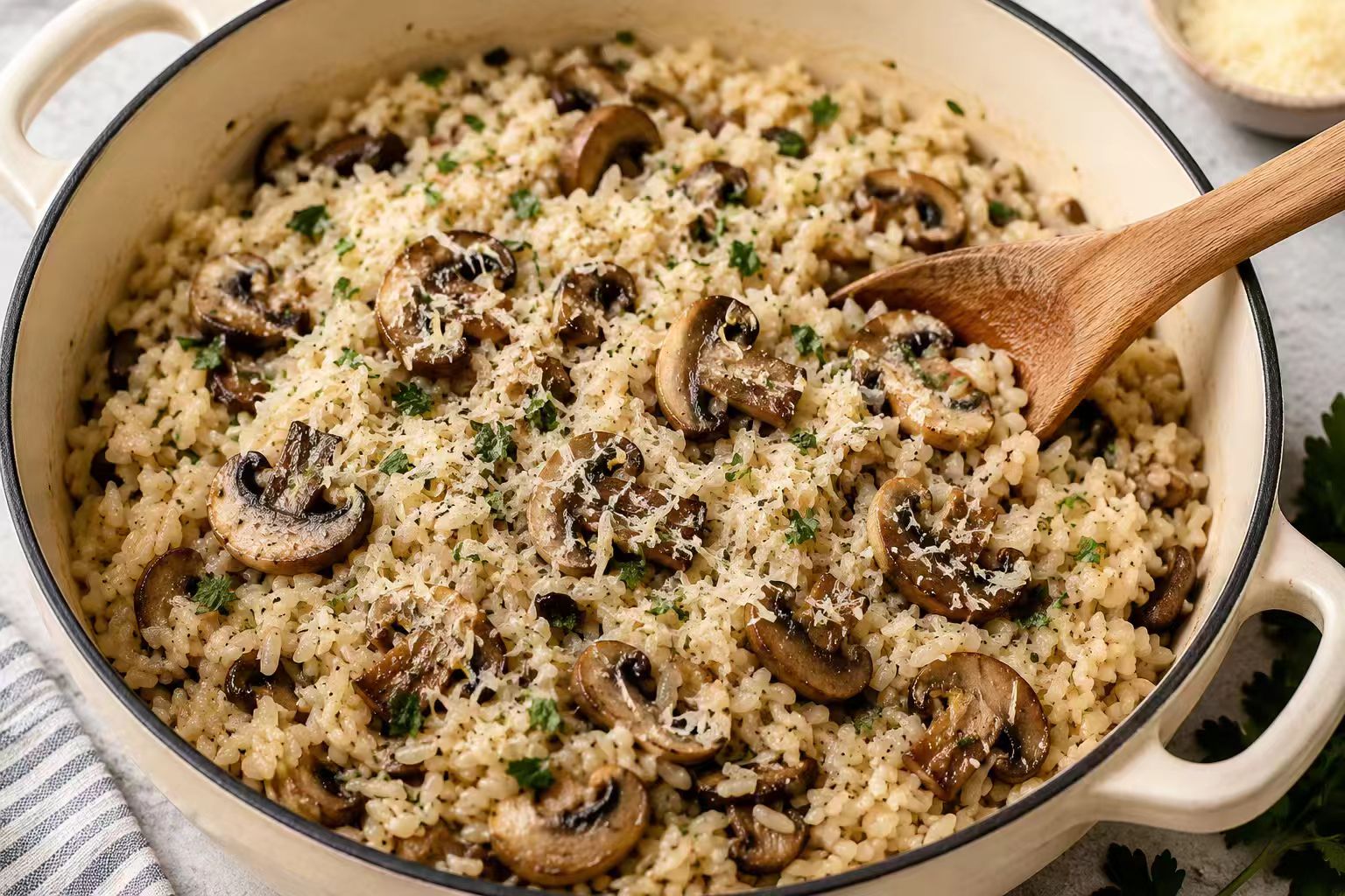One-pot mushroom rice with parmesan and fresh parsley