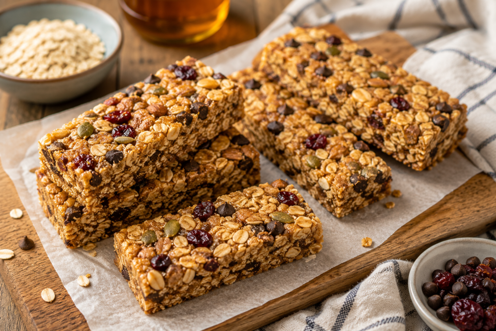 Easy homemade granola bars with oats chocolate chips and dried fruit
