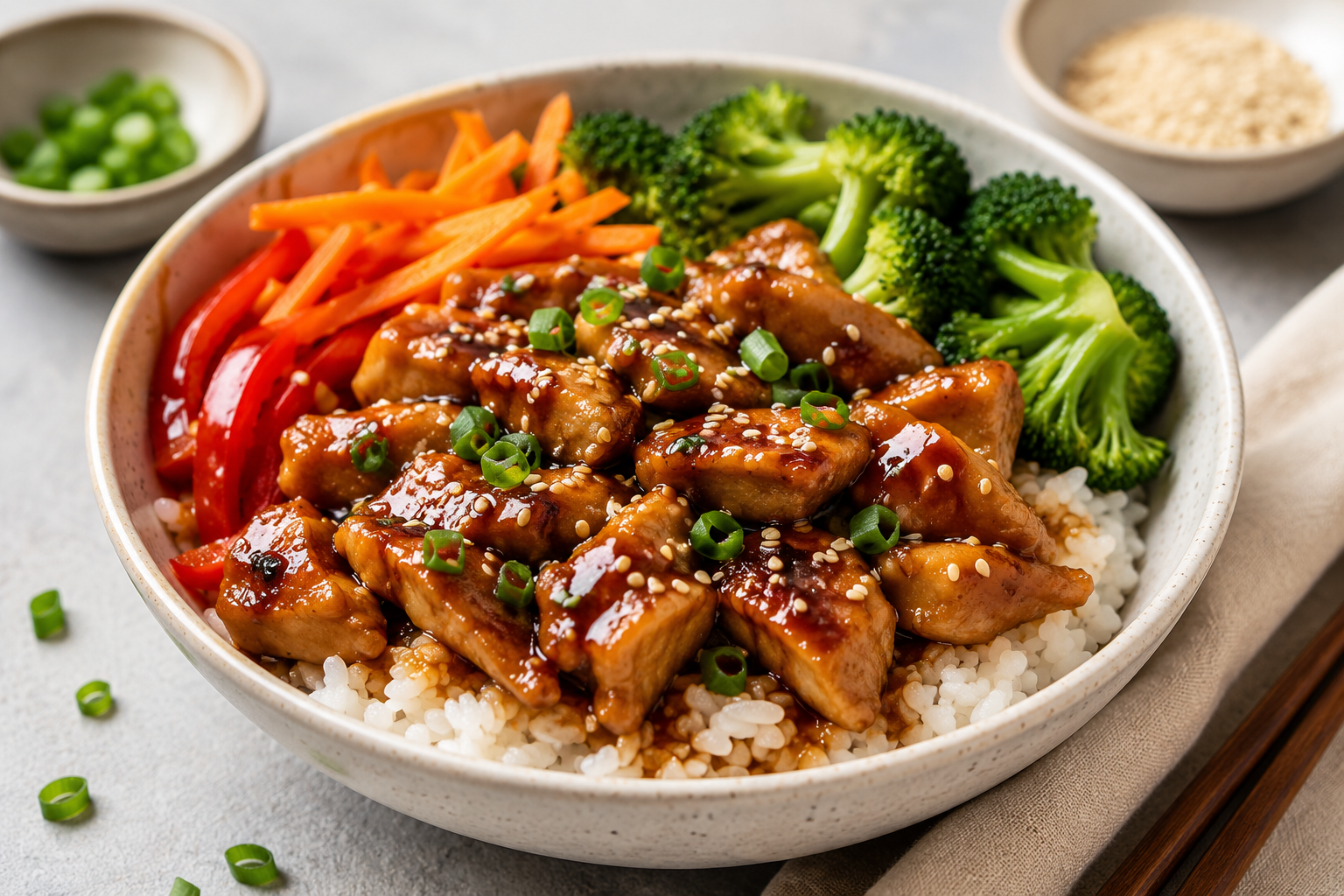 Teriyaki chicken rice bowl with vegetables and green onions
