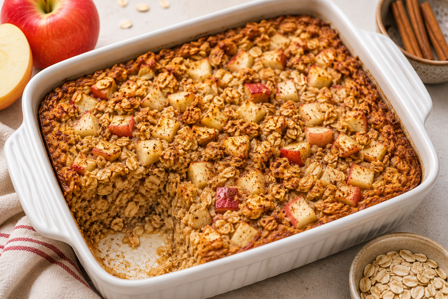 Apple cinnamon baked oatmeal with diced apples and oats