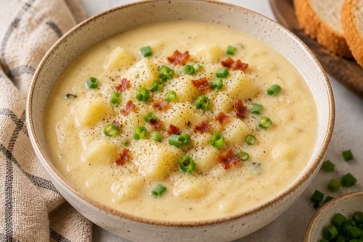 Creamy potato soup with green onions and black pepper