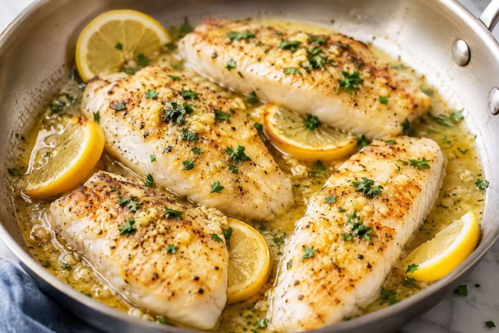 Garlic lemon butter fish fillets with parsley and lemon slices