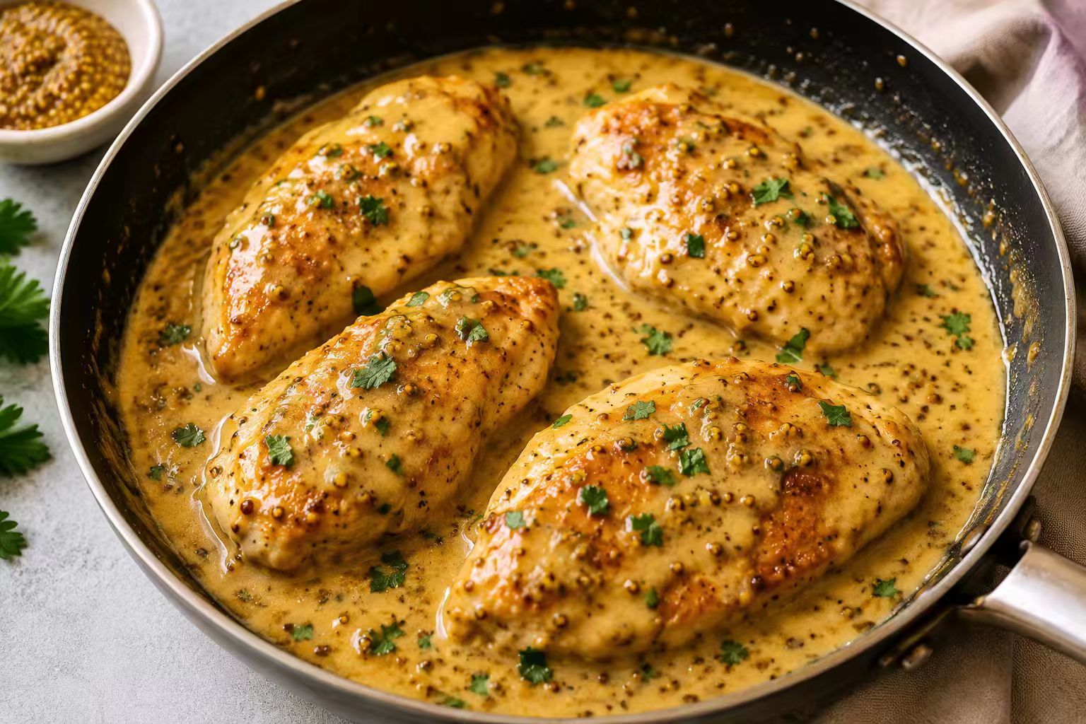 Honey mustard chicken skillet with creamy sauce and herbs