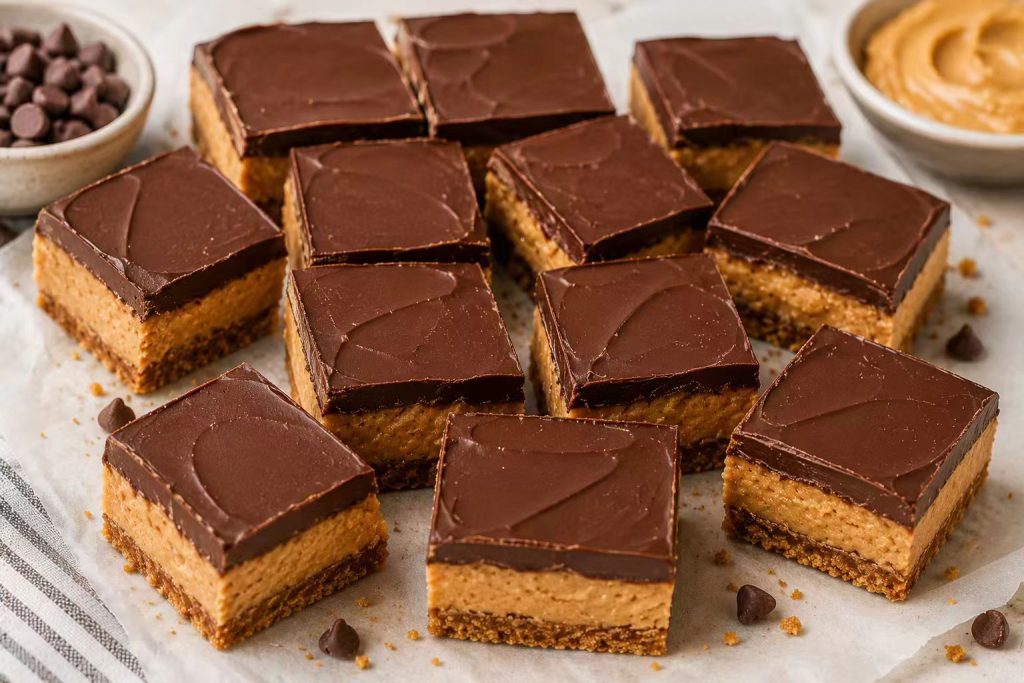 No-bake chocolate peanut butter bars cut into squares
