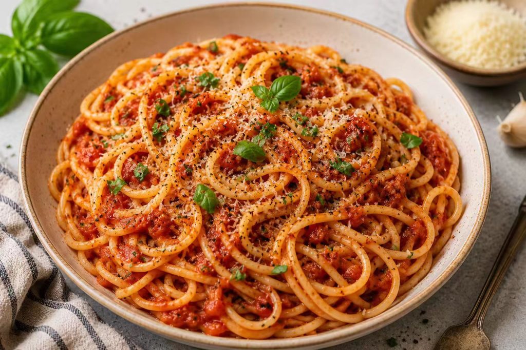 Easy tomato garlic pasta with parmesan and fresh herbs