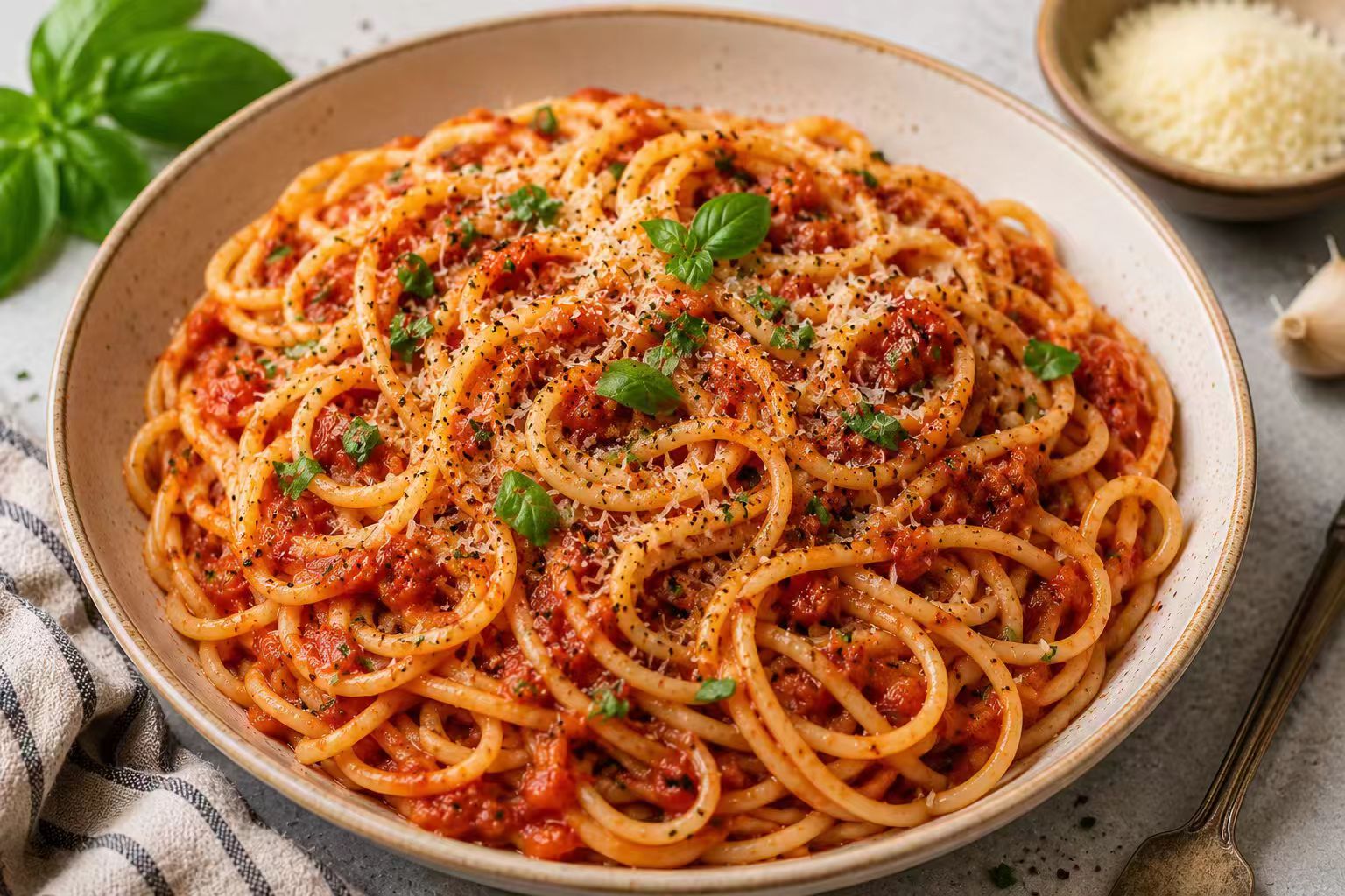 Easy tomato garlic pasta with parmesan and fresh herbs