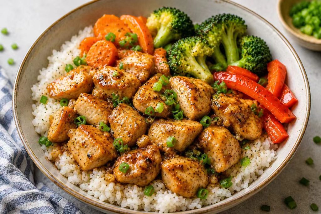 Garlic butter chicken rice bowl with vegetables and green onions