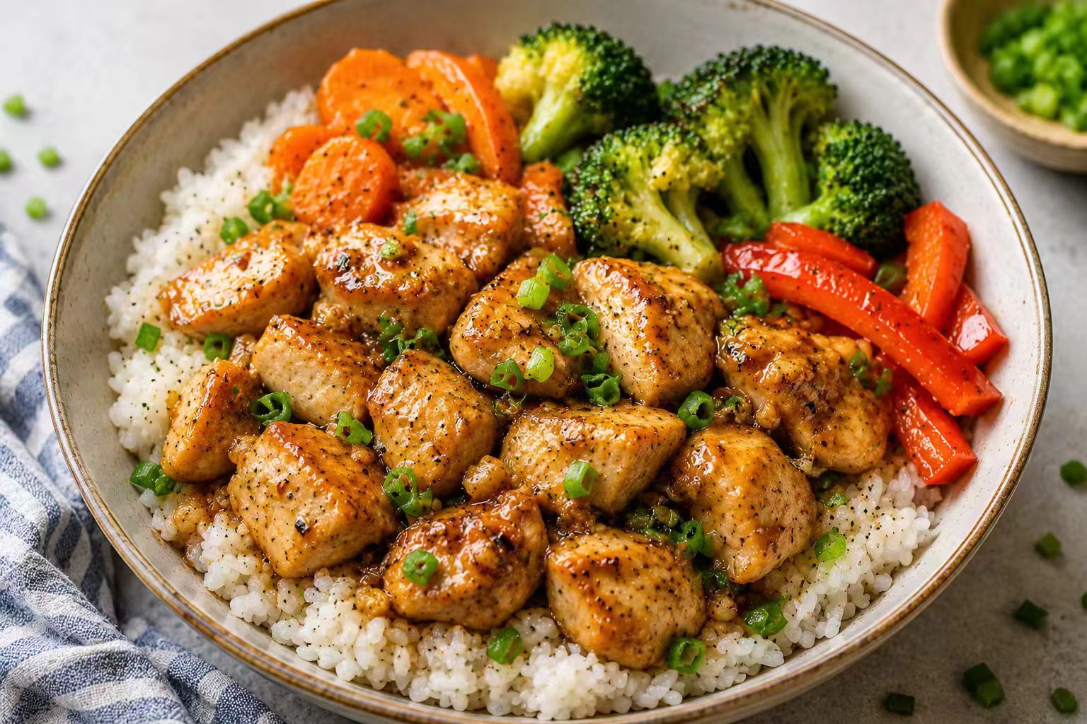 Garlic butter chicken rice bowl with vegetables and green onions